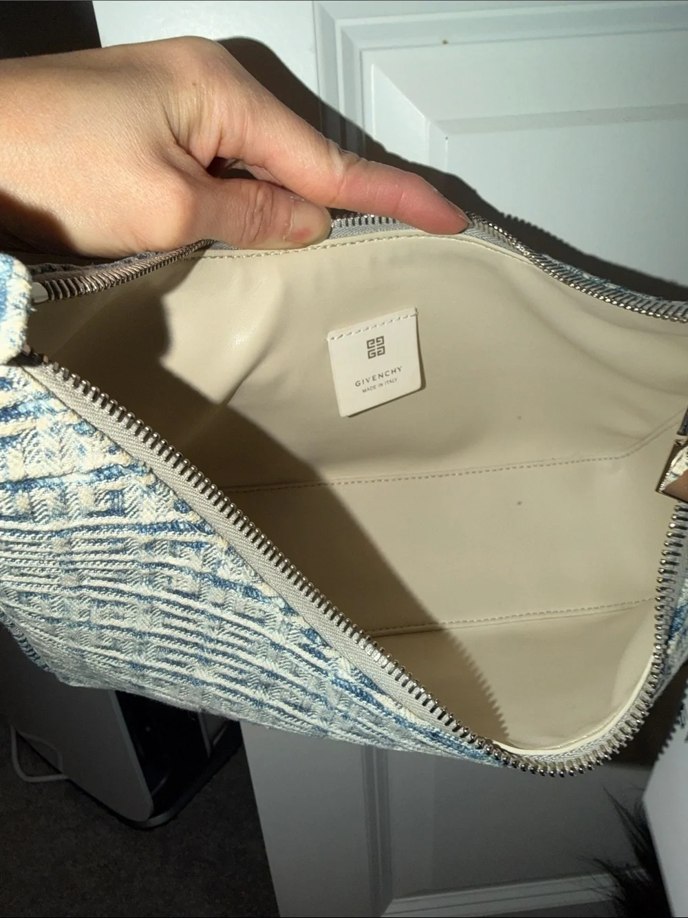 Givenchy Denim Logo Jacquard Shoulder Bag in Blue and White